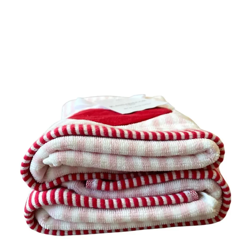 2pc Valentine's Day Hand Towels Embroidered Red Heart Pink Stripes 18x28 Cotton